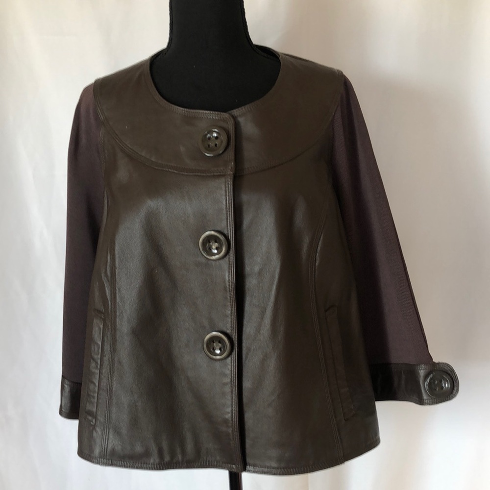 NYGARD COLLECTION dark brown leather flares 60’s style jacket. Size L (14 -16).